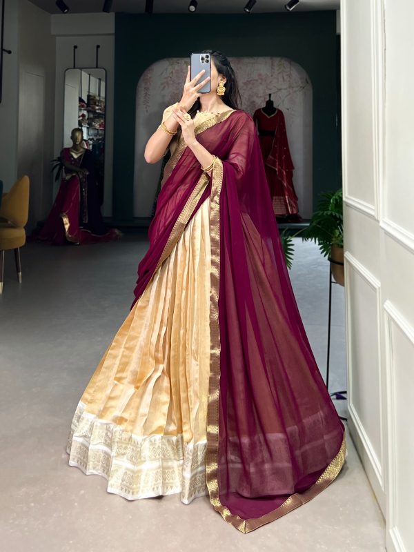 Cream Kanchipuram Zari Weaving Work Lehenga Choli - Image 3