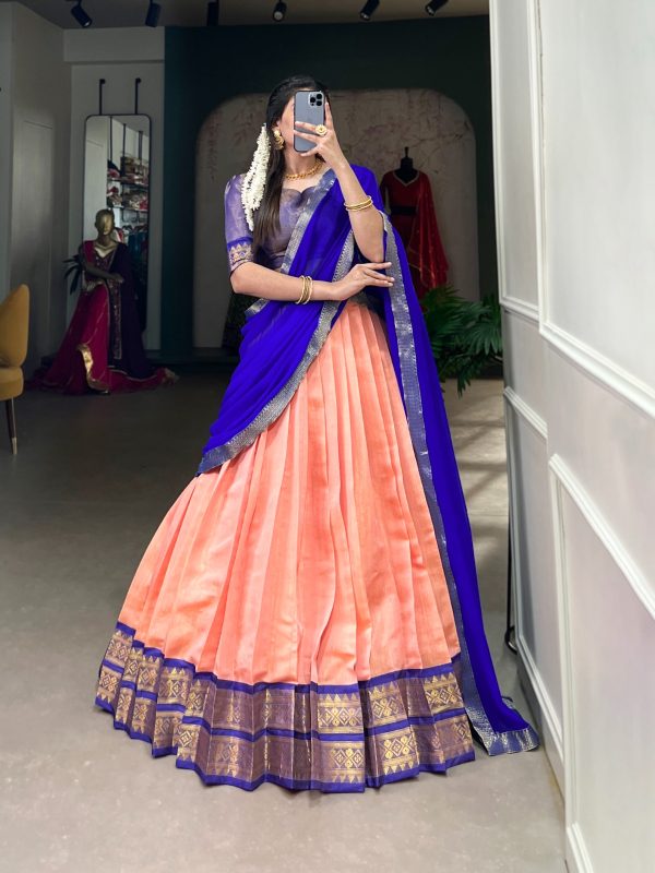 Peach Kanchipuram Zari Weaving Work Lehenga Choli - Image 3