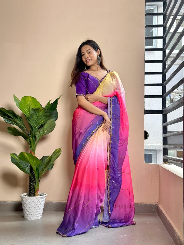 Purple Soft Georgette Satin With Digital Print Embroidery Work Saree - Image 3