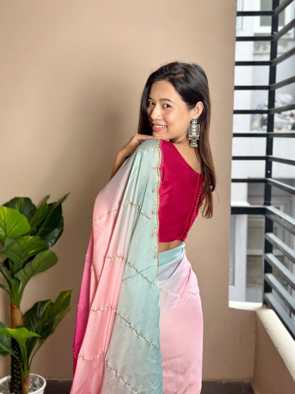 Red Soft Georgette Satin With Digital Print Embroidery Work Saree - Image 3