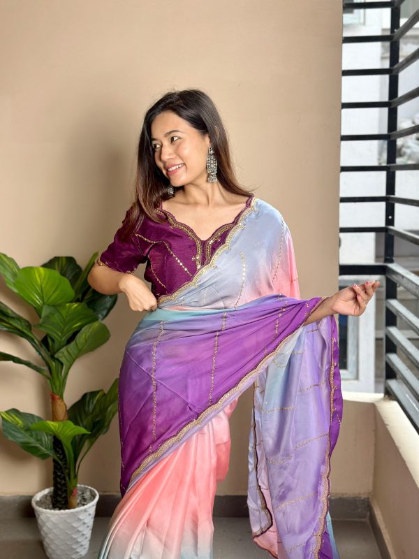 Wine Soft Georgette Satin With Digital Print Embroidery Work Saree - Image 2