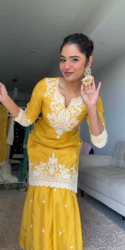 RTC 5827 Yellow Color Chinnon Silk thread With Sequence Sharara Suit Wedding, Party, Festive, Events Etc. Expected Delivery 4-6 Working Days @2399/- | Jump Suits, Salwar suit, Casual Suits, Creative suits, Designer Suits, Palazzo Suits, Party Wear Suits, Patiala Suits, Straight Suits