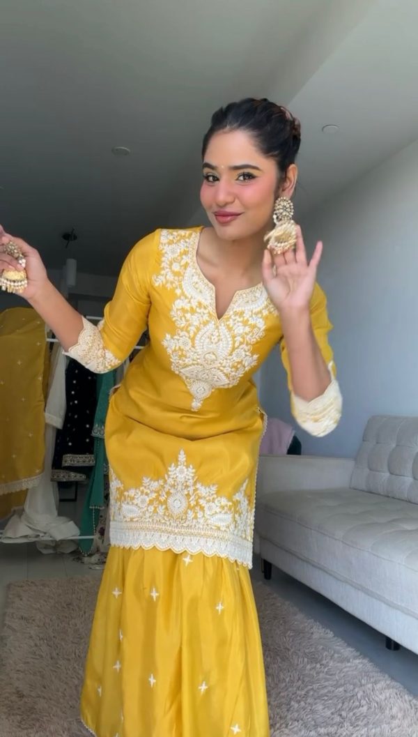 Yellow Chinnon Silk thread With Sequence Sharara Suit - Image 2