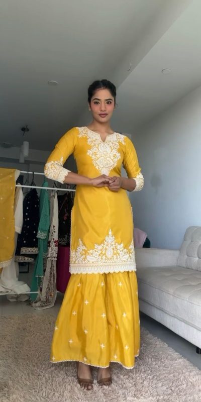 RTC 5827 Yellow Color Chinnon Silk thread With Sequence Sharara Suit Wedding, Party, Festive, Events Etc. Expected Delivery 4-6 Working Days @2399/- | Jump Suits, Salwar suit, Casual Suits, Creative suits, Designer Suits, Palazzo Suits, Party Wear Suits, Patiala Suits, Straight Suits