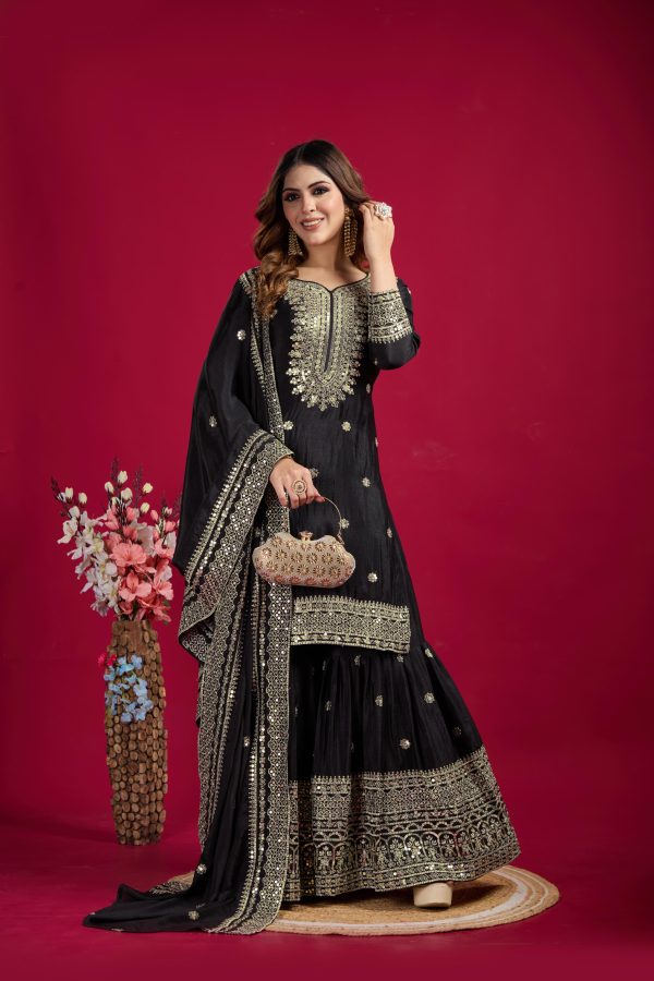 Black Chinnon Silk With Embroidery Work Sharara Suit - Image 4