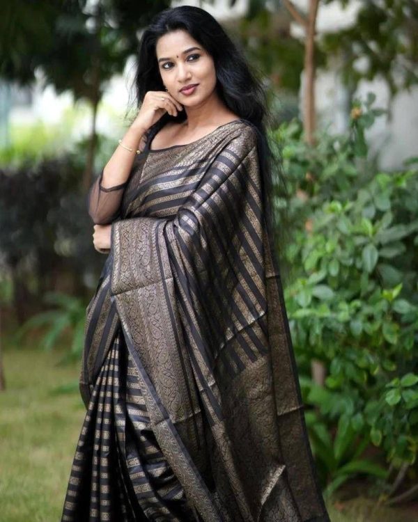 Black Soft Silk Jacquard Work On All Over Saree - Image 4