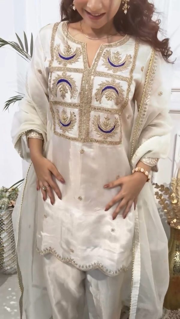 White Silk With Heavy Coding Embroidery Sequence Work Salwar Suit - Image 4