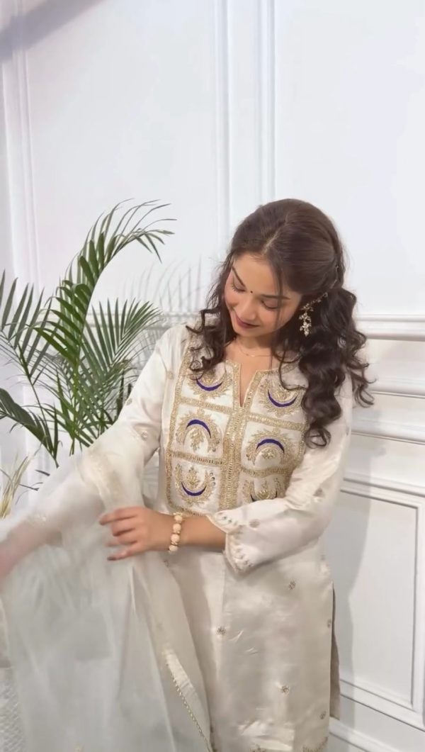 White Silk With Heavy Coding Embroidery Sequence Work Salwar Suit - Image 5