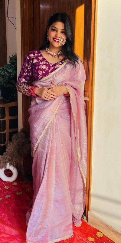 MS 467 Light Pink Color Pure Tissue Crush Silk Fabric With Fancy Lace Saree , Wedding, Festive, Events . Expected Delivery 4-6 Working Days @1699/- only | Sarees, Bollywood Sarees, Creative Sarees, Designer Sarees, Embroidered Sarees, Ethnic Saree, Modern Digital sarees, Party Wear Sarees