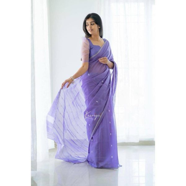 Purple Soft Lilan Cotton Pallu Jacquard Work Saree - Image 5