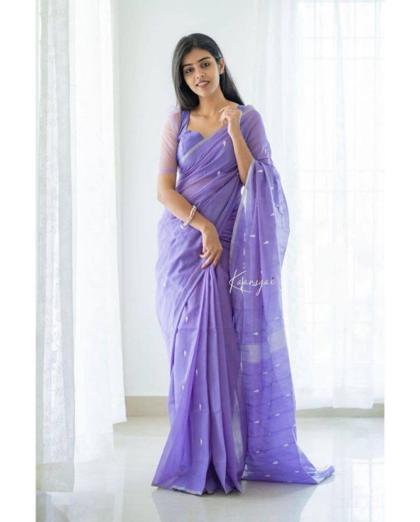 Purple Soft Lilan Cotton Pallu Jacquard Work Saree - Image 6