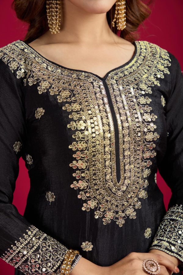 Black Chinnon Silk With Embroidery Work Sharara Suit - Image 5