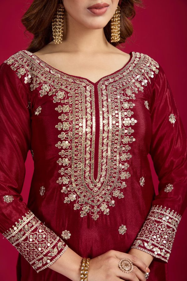 Marron Chinnon Silk With Embroidery Work Sharara Suit - Image 2