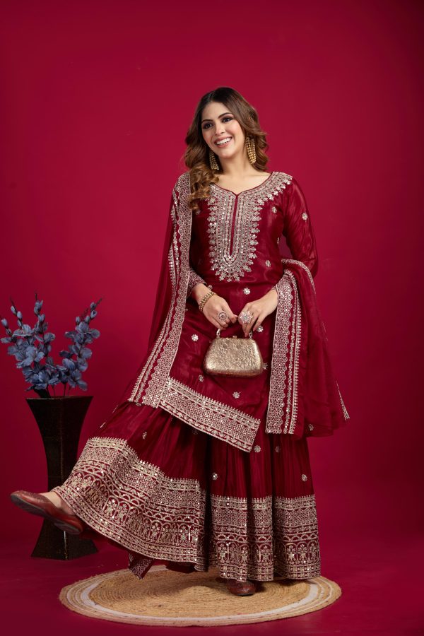 Marron Chinnon Silk With Embroidery Work Sharara Suit - Image 3