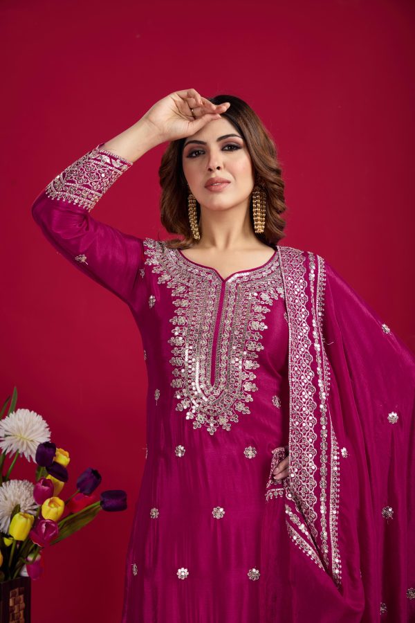 Pink Chinnon Silk With Embroidery Work Sharara Suit - Image 4