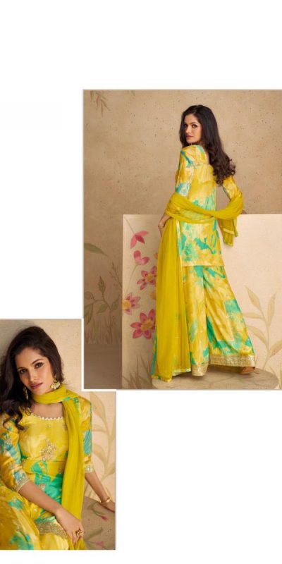 FC 5541 Mustad Yellow Color chinon Print Silk with Dall Crepe Sharara Suit Wedding, Party, Festive, Events Etc. Expected Delivery 4-6 Working Days @2099/- | Jump Suits, Salwar suit, Casual Suits, Creative suits, Designer Suits, Palazzo Suits, Party Wear Suits, Patiala Suits, Straight Suits