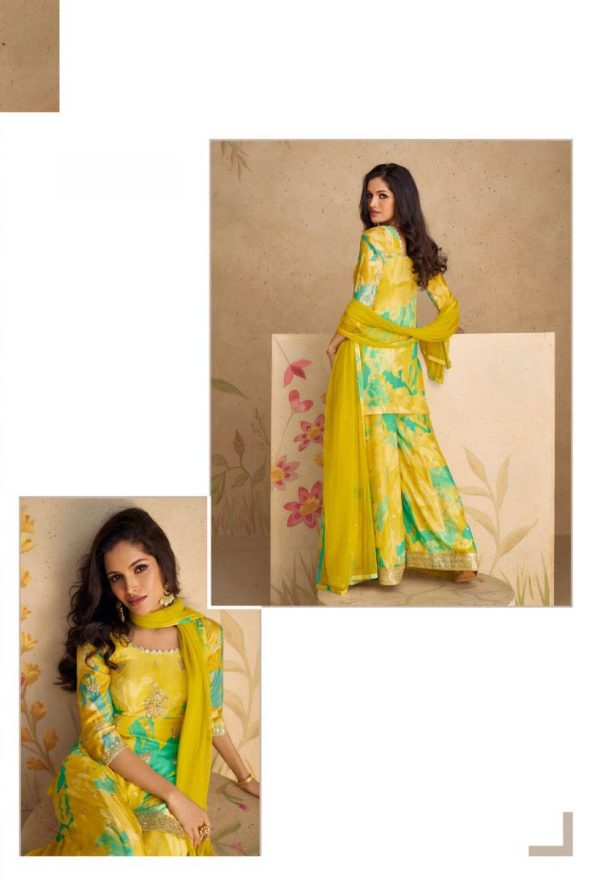 glowing Mustad Yellow Color Chinon Printed Embroidery Work Sharara Suit