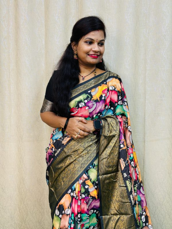 Black Jacquard Dola Silk With Print Saree - Image 3