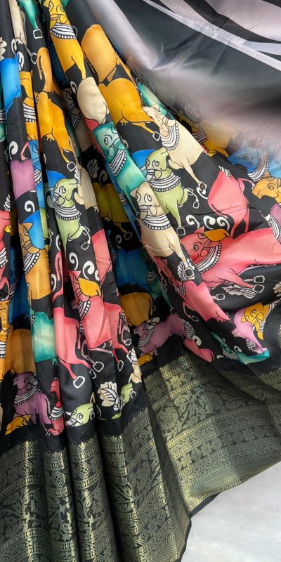 MS Kalamkari Black Color Jacquard Dola Silk With Kalamkari Print Saree Casual, Wedding, Festive, Events . Expected Delivery 4-6 Working Days @1549/- only | Sarees, Bollywood Sarees, Creative Sarees, Designer Sarees, Embroidered Sarees, Ethnic Saree, Modern Digital sarees, Party Wear Sarees