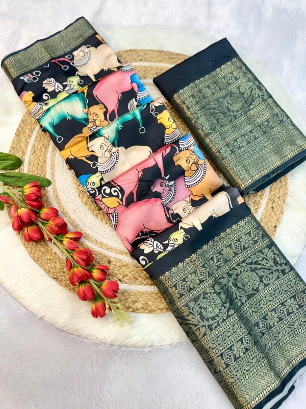 Black Jacquard Dola Silk With Print Saree - Image 4