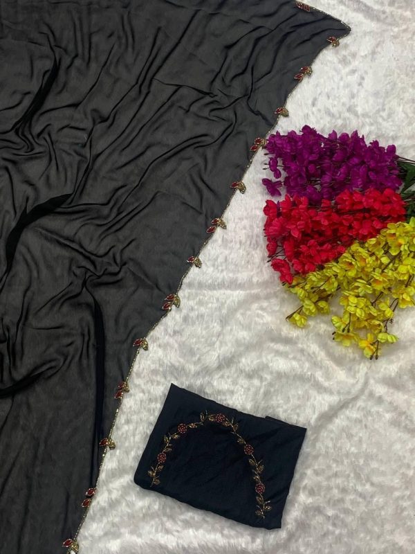 Perfects Black Color Rangoli Silk Handwork And Cutwork With Pearl Saree