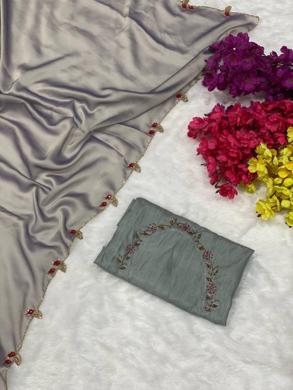Perfects Grey Color Rangoli Silk Handwork And Cutwork With Pearl Saree