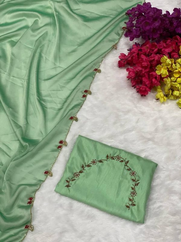 Perfects Light Green Color Rangoli Silk Handwork And Cutwork With Pearl Saree
