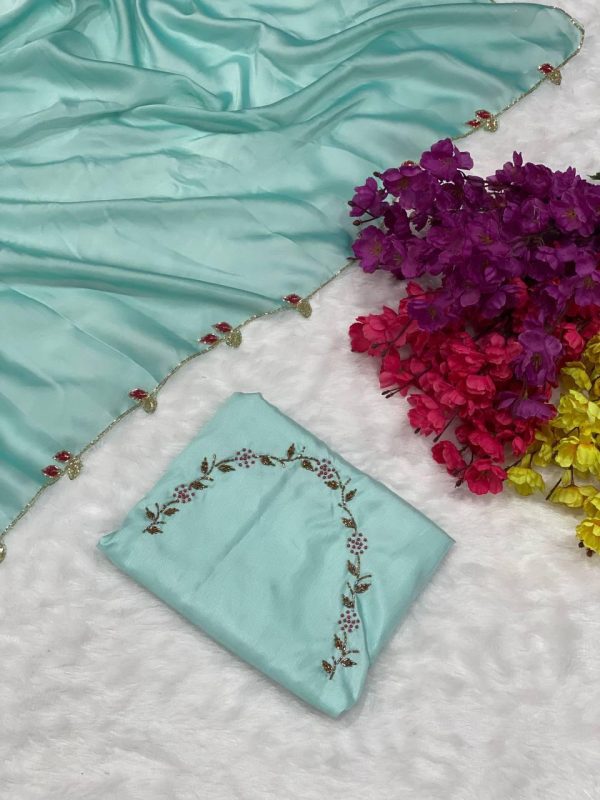Perfects Sky Blue Color Rangoli Silk Handwork And Cutwork With Pearl Saree