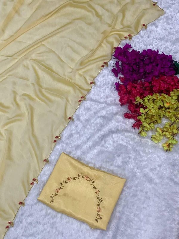 Perfects Yellow Color Rangoli Silk Handwork And Cutwork With Pearl Saree