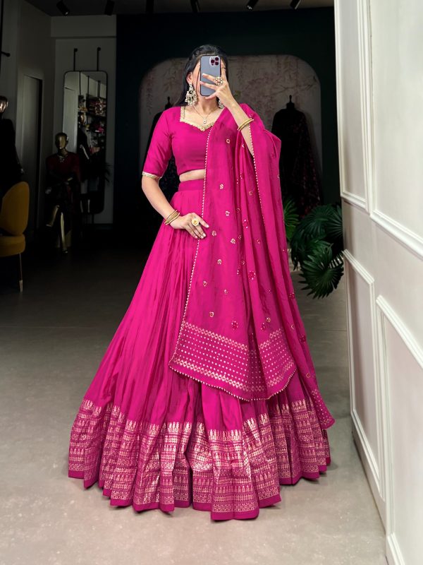 Pink Chanderi Plain With Zari Weaving Work Border Lehenga Choli - Image 4