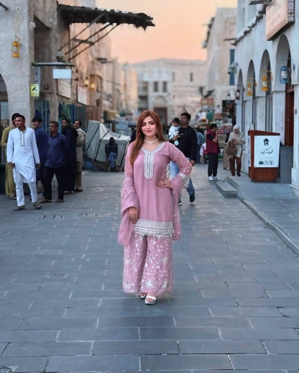 Light Pink Faux Georgette With Embroidery Sharara Suit - Image 5