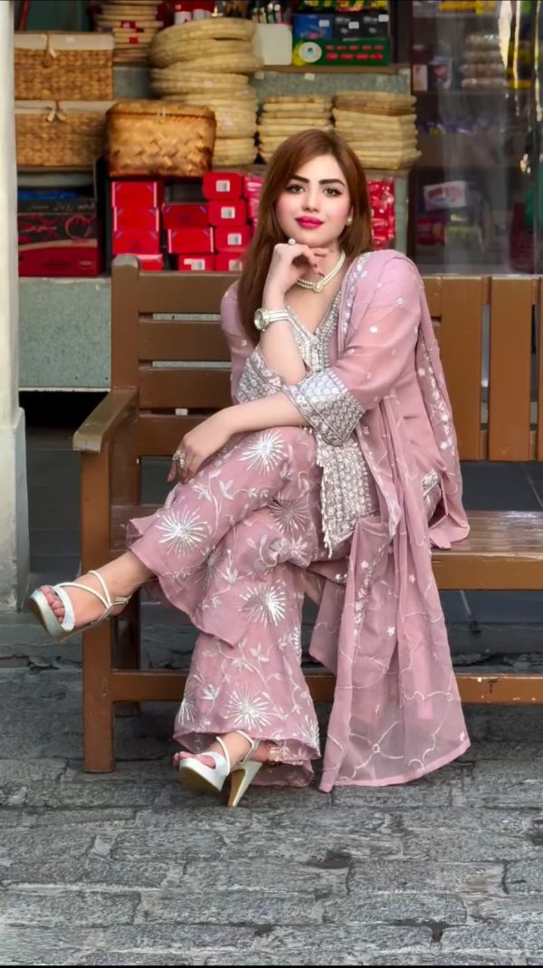 Light Pink Faux Georgette With Embroidery Sharara Suit - Image 2