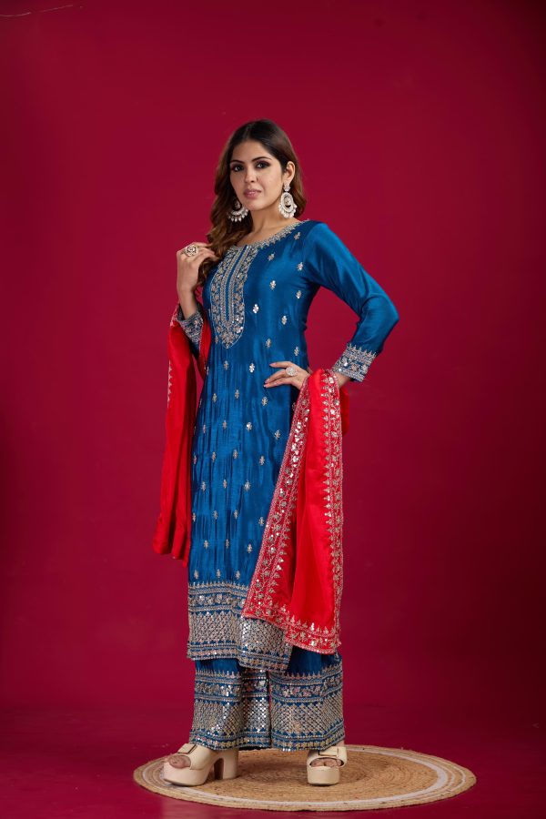 Blue Chinnon Silk With Embroidery Sequence Work Salwar Suit - Image 5