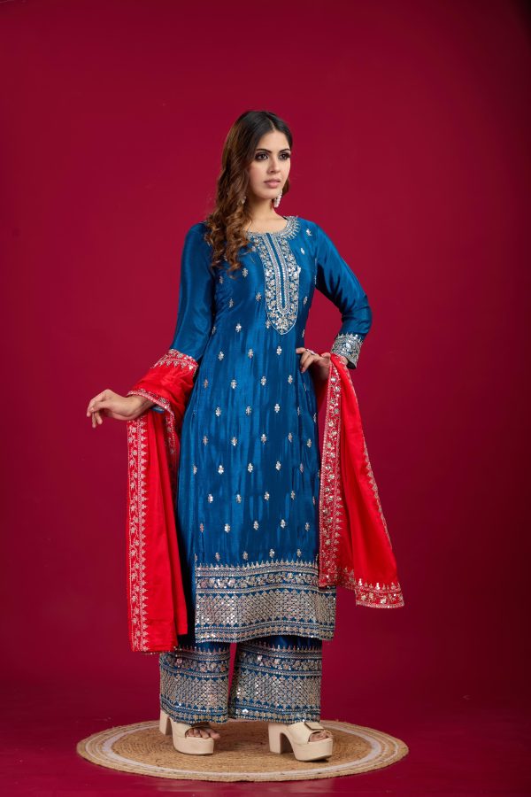 Blue Chinnon Silk With Embroidery Sequence Work Salwar Suit - Image 6