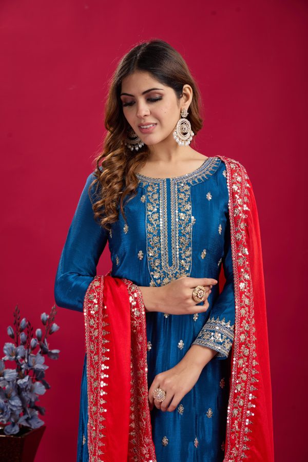 Blue Chinnon Silk With Embroidery Sequence Work Salwar Suit - Image 4