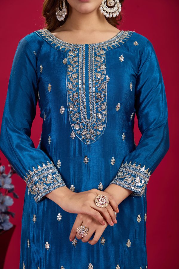 Blue Chinnon Silk With Embroidery Sequence Work Salwar Suit - Image 3