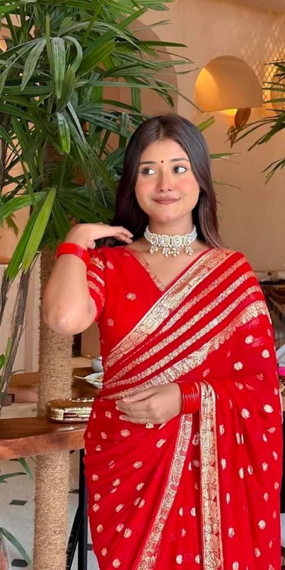 MS Pani Red Color Viscose Georgette With Pure Jacquard Zari Saree Casual, Wedding, Festive, Events . Expected Delivery 4-6 Working Days @1599/- only | Sarees, Bollywood Sarees, Creative Sarees, Designer Sarees, Embroidered Sarees, Ethnic Saree, Modern Digital sarees, Party Wear Sarees