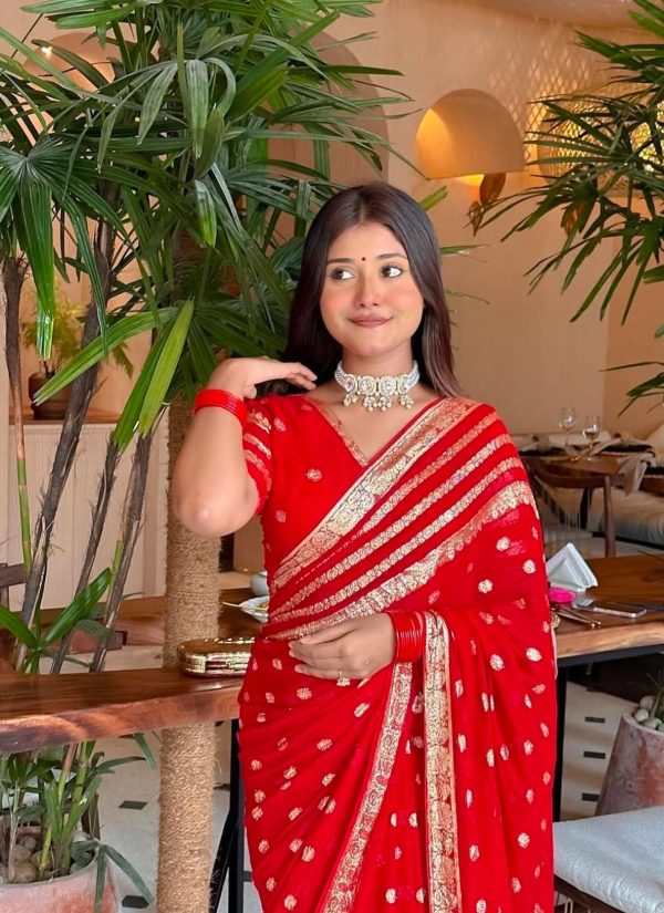 Red Viscose Georgette With Jacquard Zari Saree - Image 4