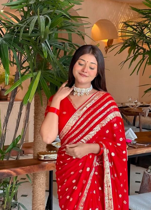 Red Viscose Georgette With Jacquard Zari Saree - Image 5