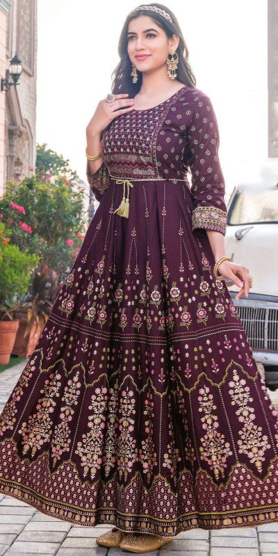  INLI Glam NX Marron Color Rayon Print Embroidery Work Long Anarkali Gown Wedding Party, Festive, Events Etc.4-6 Working Days@1699/- only | Gowns, Bollywood Gowns, Creative Gowns, Designer Gowns, Embroidered Gowns, Party Wear Gowns, Straight Suits
