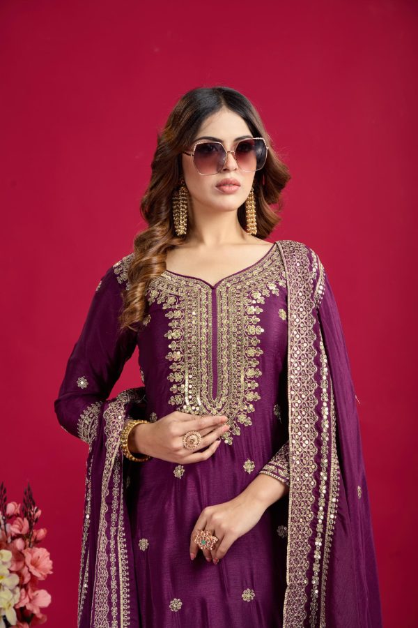 NSR-800 Purple Color Chinnon Silk With Embroidery Work Sharara Suit Wedding, Party, Festive, Events Etc.  Expected Delivery 4-6 Working Days @2149/- | Jump Suits, Salwar suit, Casual Suits, Creative suits, Designer Suits, Palazzo Suits, Party Wear Suits, Patiala Suits, Straight Suits