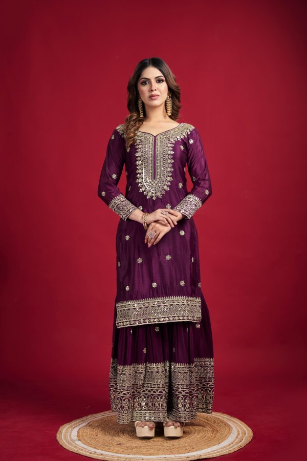 NSR-800 Purple Color Chinnon Silk With Embroidery Work Sharara Suit Wedding, Party, Festive, Events Etc.  Expected Delivery 4-6 Working Days @2149/- | Jump Suits, Salwar suit, Casual Suits, Creative suits, Designer Suits, Palazzo Suits, Party Wear Suits, Patiala Suits, Straight Suits