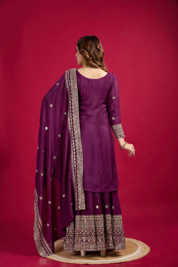 NSR-800 Purple Color Chinnon Silk With Embroidery Work Sharara Suit Wedding, Party, Festive, Events Etc.  Expected Delivery 4-6 Working Days @2149/- | Jump Suits, Salwar suit, Casual Suits, Creative suits, Designer Suits, Palazzo Suits, Party Wear Suits, Patiala Suits, Straight Suits