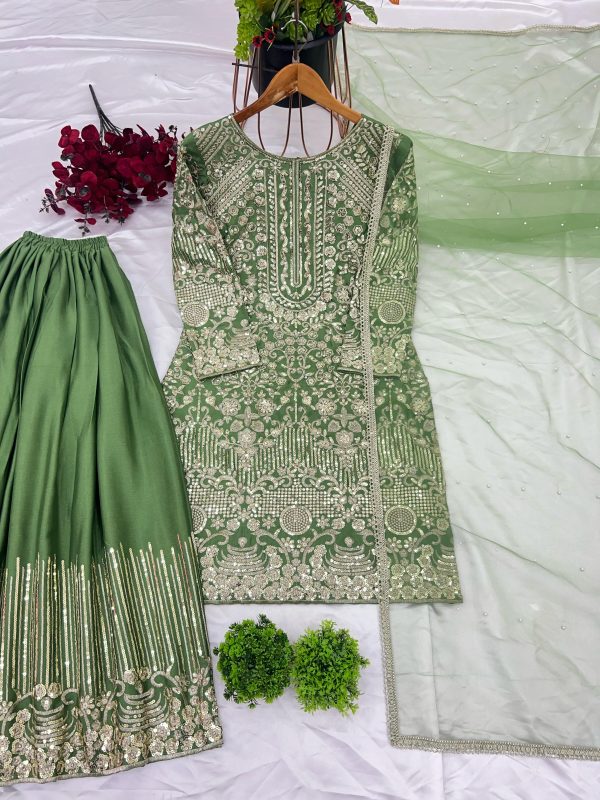 Green Chinnon Silk Embroidery Sequence With Moti Work Salwar Suit - Image 2