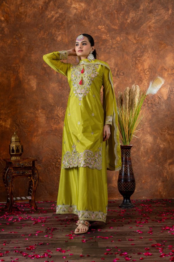Green Chinon Silk Embroidery Sequence Coding Work Salwar Suit - Image 2