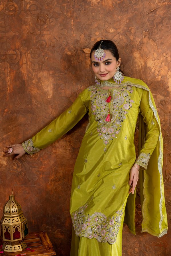Green Chinon Silk Embroidery Sequence Coding Work Salwar Suit - Image 3
