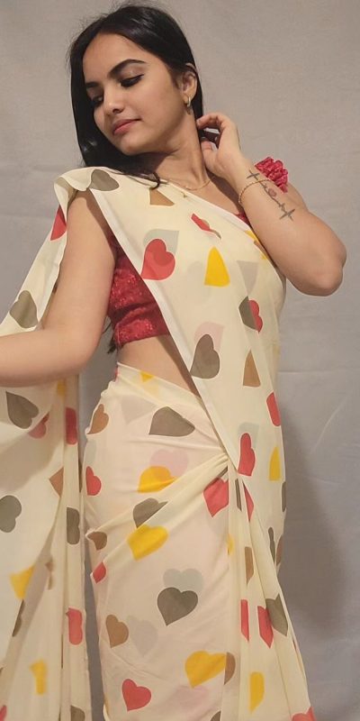 SC 215 Half White Color Soft Georgette Silk Digital Print Heart Design Ready To Wear Saree Wedding, Festive, Events .Expected Delivery 4-6 Working Days@1499 | Sarees, Bollywood Sarees, Creative Sarees, Designer Sarees, Embroidered Sarees, Ethnic Saree, Modern Digital sarees, Party Wear Sarees