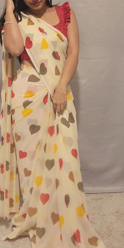 SC 215 Half White Color Soft Georgette Silk Digital Print Heart Design Ready To Wear Saree Wedding, Festive, Events .Expected Delivery 4-6 Working Days@1499 | Sarees, Bollywood Sarees, Creative Sarees, Designer Sarees, Embroidered Sarees, Ethnic Saree, Modern Digital sarees, Party Wear Sarees