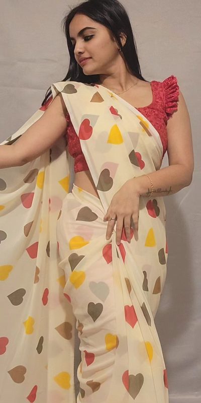 SC 215 Half White Color Soft Georgette Silk Digital Print Heart Design Ready To Wear Saree Wedding, Festive, Events .Expected Delivery 4-6 Working Days@1499 | Sarees, Bollywood Sarees, Creative Sarees, Designer Sarees, Embroidered Sarees, Ethnic Saree, Modern Digital sarees, Party Wear Sarees