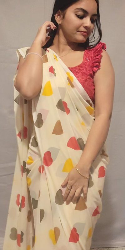 SC 215 Half White Color Soft Georgette Silk Digital Print Heart Design Ready To Wear Saree Wedding, Festive, Events .Expected Delivery 4-6 Working Days@1499 | Sarees, Bollywood Sarees, Creative Sarees, Designer Sarees, Embroidered Sarees, Ethnic Saree, Modern Digital sarees, Party Wear Sarees